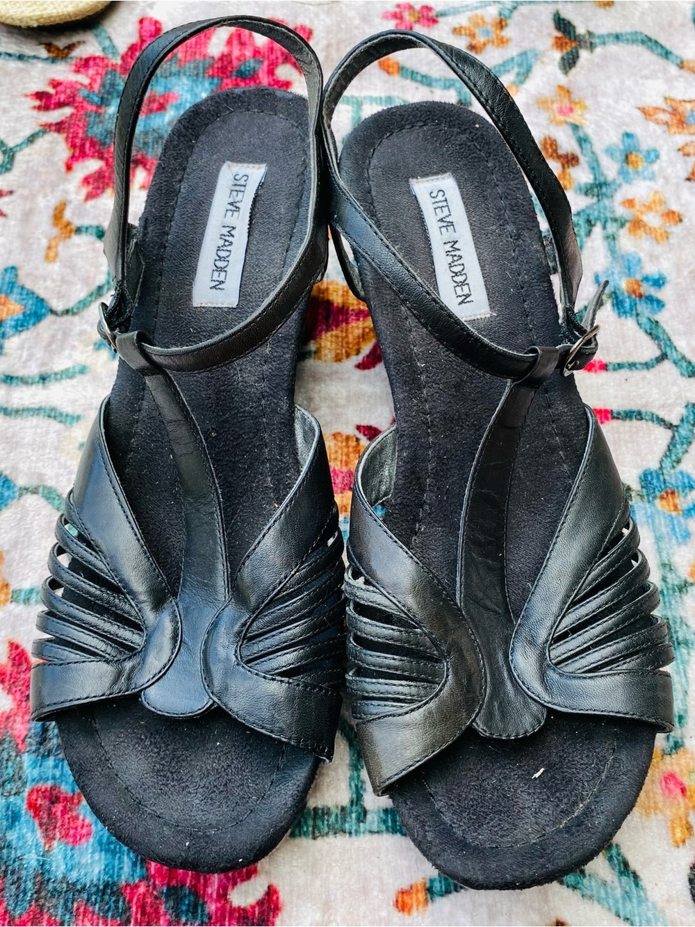 Steve Madden Black Leather T-Strap Slingback Sandals